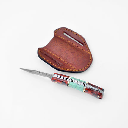 Damascus steel pocket knife Limited Run Red & Blue Resin TF-050