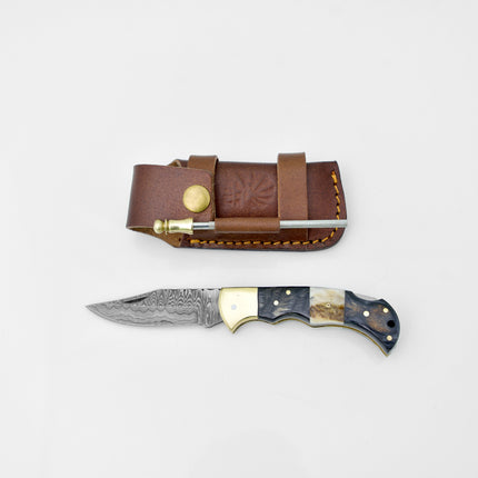 Damascus steel pocket knife Limited Run Black Diamond Wood and Stag Horn TF-052