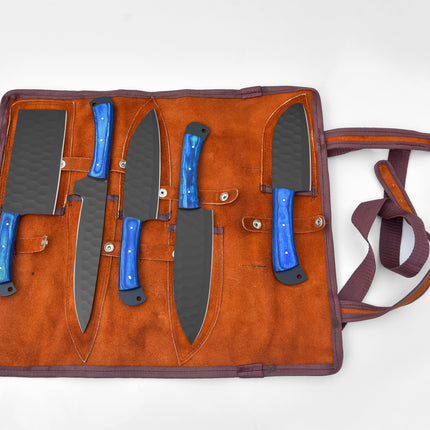 5-Piece  Knife Set / With Leather carry Bag Blue (Cheff Set Carbon 02)