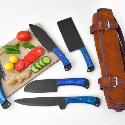5-Piece  Knife Set / With Leather carry Bag Blue (Cheff Set Carbon 02)