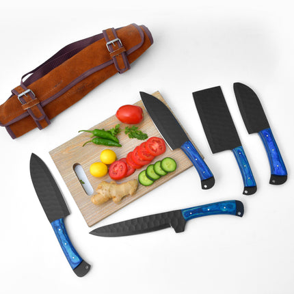 5-Piece  Knife Set / With Leather carry Bag Blue (Cheff Set Carbon 02)