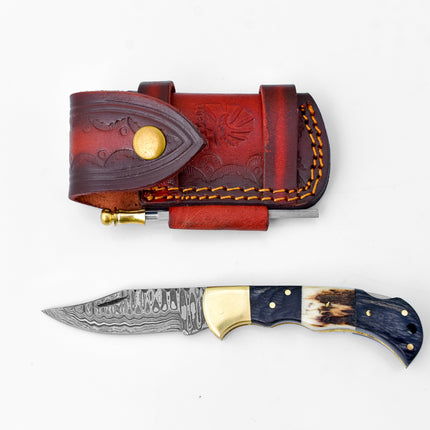 Damascus steel pocket knife Limited Run Black Diamond Wood and Stag Horn TF-052