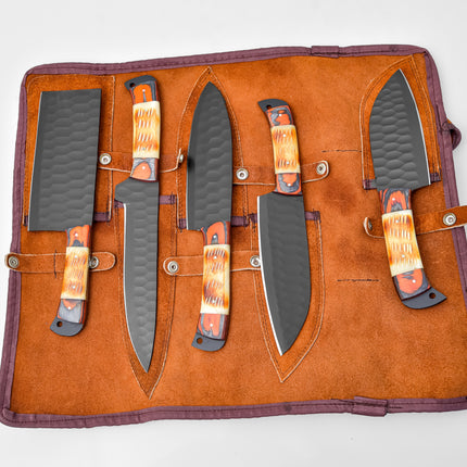5-Piece  Knife Set / With Leather carry Bag Burnt Bone - TK-089 X