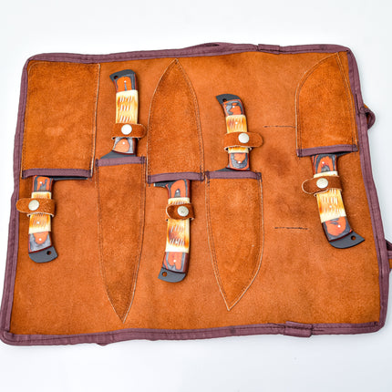 5-Piece  Knife Set / With Leather carry Bag Burnt Bone - TK-089 X