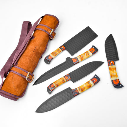 5-Piece  Knife Set / With Leather carry Bag Burnt Bone - TK-089 X