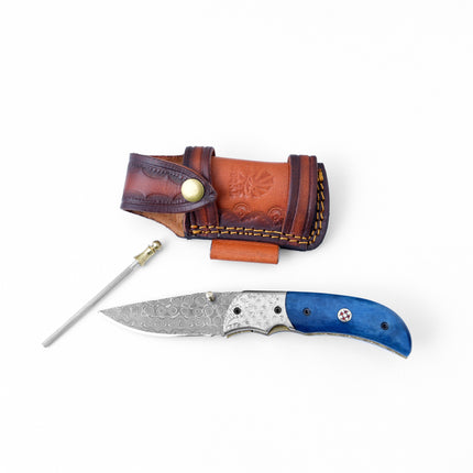 Damascus Steel Folding Knife Dyed Blue Bone TF-047