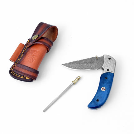 Damascus Steel Folding Knife Dyed Blue Bone TF-047