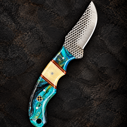"Lagoon Swirl" Resin Skinner | High Carbon RASP Steel Blade, Teal Resin Handle TIK-001