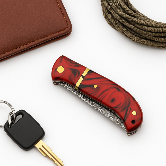 Handmade Damascus Folding Pocket Knife – Red Resin Handle & Leather Sheath
