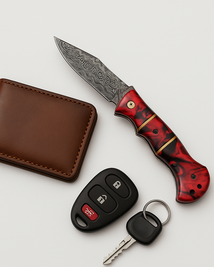 Handmade Damascus Folding Pocket Knife – Red Resin Handle & Leather Sheath