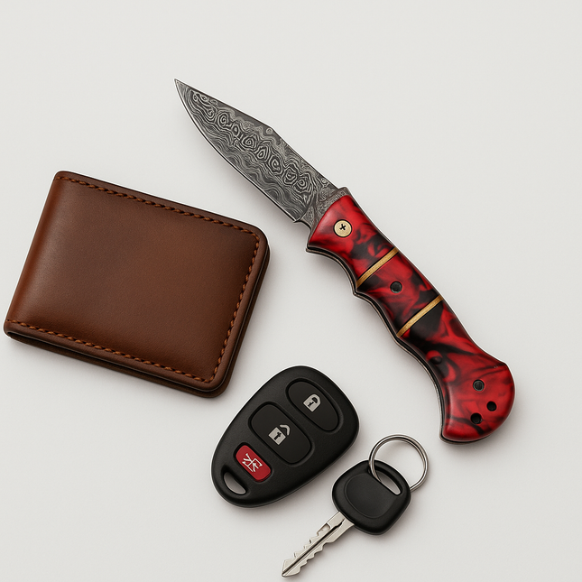 Handmade Damascus Folding Pocket Knife – Red Resin Handle & Leather Sheath