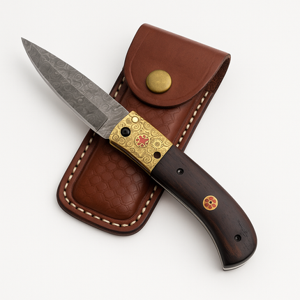 Handmade Damascus Folding Pocket Knife – Walnut Handle with Brass Bolster & Mosaic Pins
