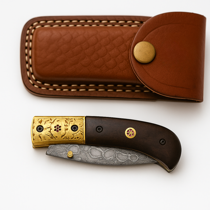 Handmade Damascus Folding Pocket Knife – Walnut Handle with Brass Bolster & Mosaic Pins
