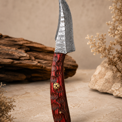 Handmade Damascus Hunting Knife with Leather Sheath – 6” Fixed Blade Skinning Knife
