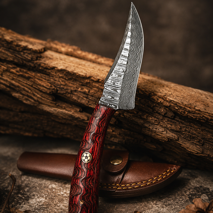 Handmade Damascus Hunting Knife with Leather Sheath – 6” Fixed Blade Skinning Knife