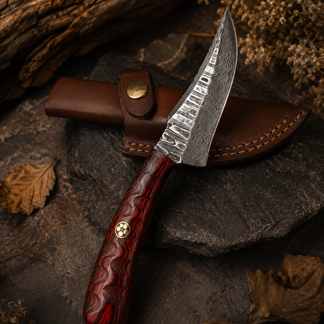 Handmade Damascus Hunting Knife with Leather Sheath – 6” Fixed Blade Knife