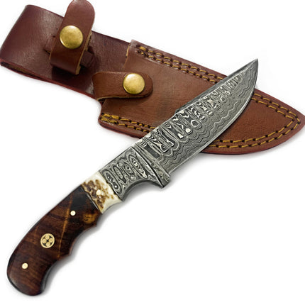 Damascus Steel Fixed Blade Knife with Walnut & Stag Horn Handle Hunting Knife TD-159