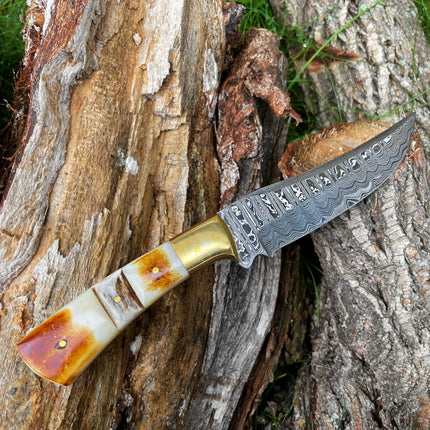 CUSTOM HANDMADE FORGED DAMASCUS STEEL HUNTING KNIFE BLADE WITH Burnt bone and stag horn SCALES TK-015