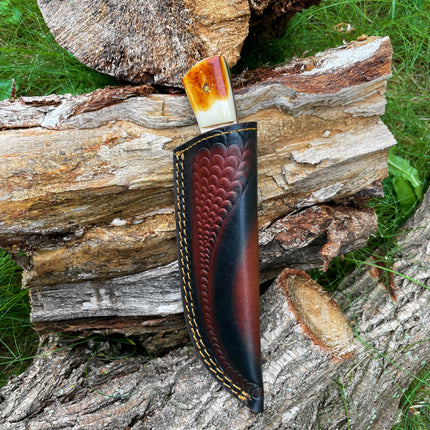 CUSTOM HANDMADE FORGED DAMASCUS STEEL HUNTING KNIFE BLADE WITH Burnt bone and stag horn SCALES TK-015