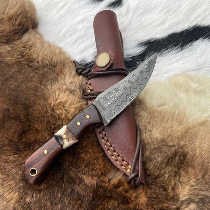 Introducing the TK-060 Damascus Steel Skinner Knife with Rosewood & Stag Grip