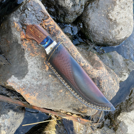 Handmade High Carbon Damascus Steel Hunting Knife/leather sheath, finger grooves TK-031