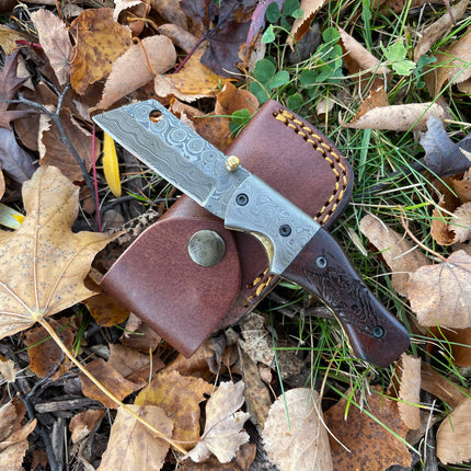 Damascus Steel Handmade Folding Knife Wolf Engraved TF-083 Limited Run