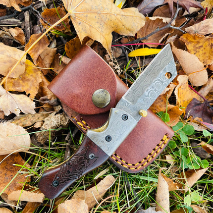 Damascus Steel Handmade Folding Knife Wolf Engraved TF-083 Limited Run