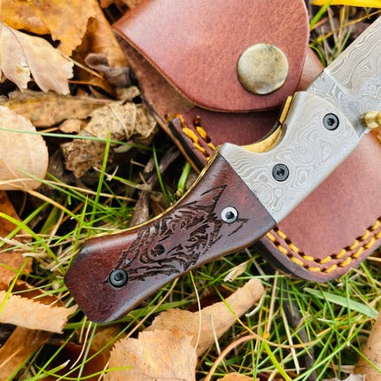 Damascus Steel Handmade Folding Knife Wolf Engraved TF-083 Limited Run