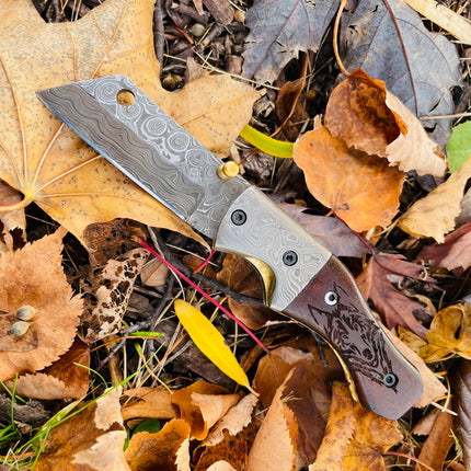 Damascus Steel Handmade Folding Knife Wolf Engraved TF-083 Limited Run