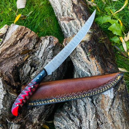 Damascus Steel Custom Flay Knife with Craved Grips TK-051
