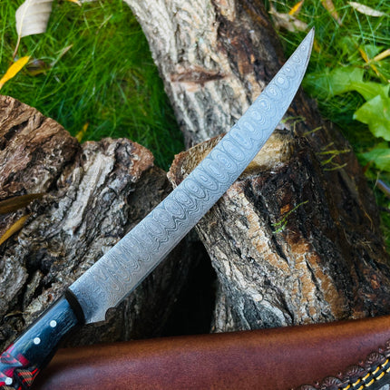 Damascus Steel Custom Flay Knife with Craved Grips TK-051