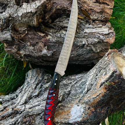 Damascus Steel Custom Flay Knife with Craved Grips TK-051