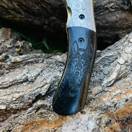 Damascus Steel Folding Knife Wolf Engraved TF-084