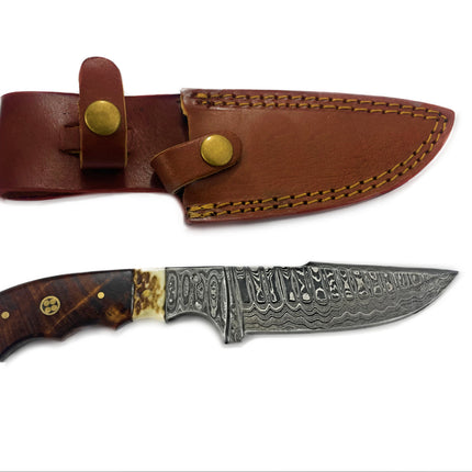 Damascus Steel Fixed Blade Knife with Walnut & Stag Horn Handle Hunting Knife TD-159