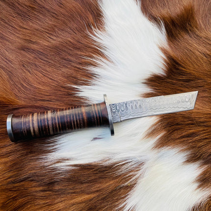 Military Style Tanto knife High Carbon Damascus Blade Hand Made Stacked Leather Handle TD-235