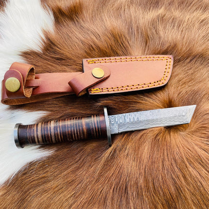 Military Style Tanto knife High Carbon Damascus Blade Hand Made Stacked Leather Handle TD-235