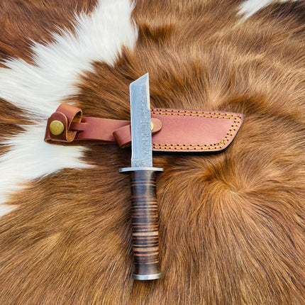 Military Style Tanto knife High Carbon Damascus Blade Hand Made Stacked Leather Handle TD-235