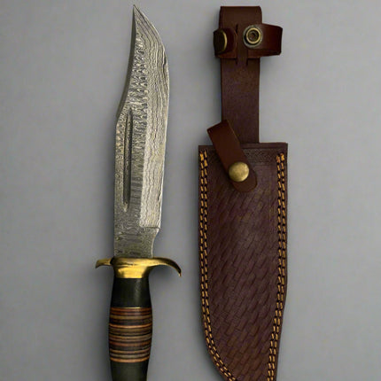 Decorative knife with a leather sheath on a gray background
