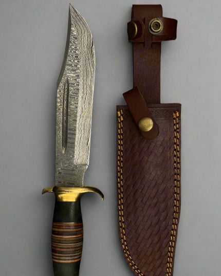 Decorative knife with a leather sheath on a gray background
