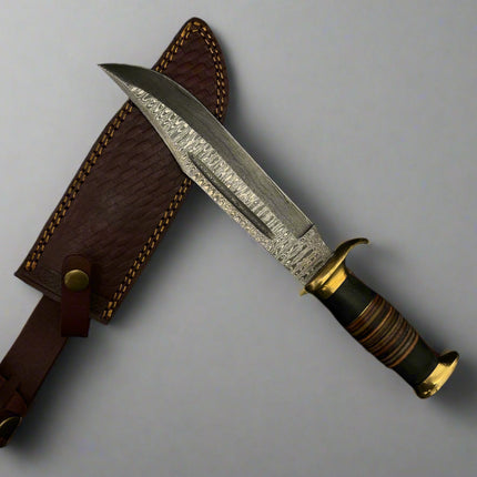 Knife with a detailed blade and brown handle on a dark background