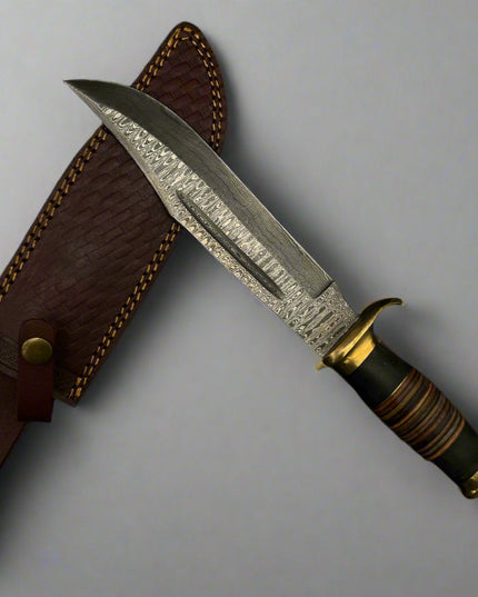Knife with a detailed blade and brown handle on a dark background