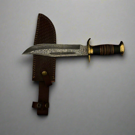 Decorative knife with a leather sheath on a black background