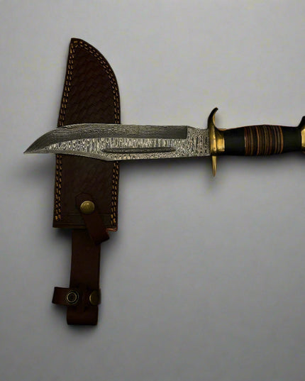 Decorative knife with a leather sheath on a black background