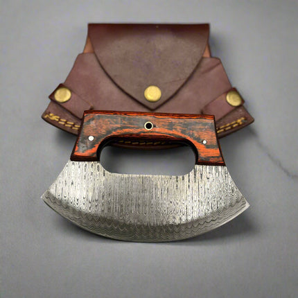 Hand-Forged Damascus ULU Knife | Curved Pizza Cutter & Herb Rocker | Rosewood Handle with Leather Sheath