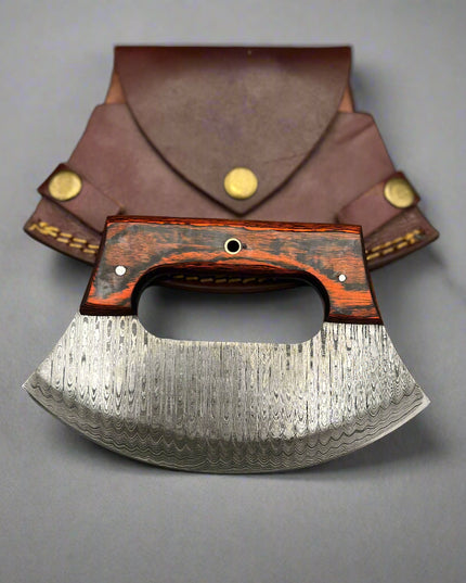 Damascus ULU Knife – Curved Blade with Wooden Handle & Leather Sheath | Kitchen Knife