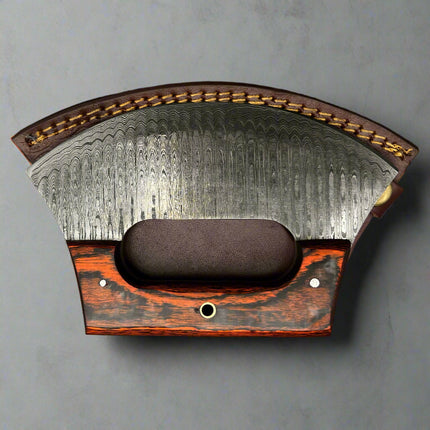 Hand-Forged Damascus ULU Knife | Curved Pizza Cutter & Herb Rocker | Rosewood Handle with Leather Sheath