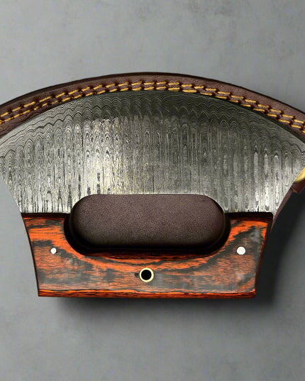 Damascus ULU Knife – Curved Blade with Wooden Handle & Leather Sheath | Kitchen Knife