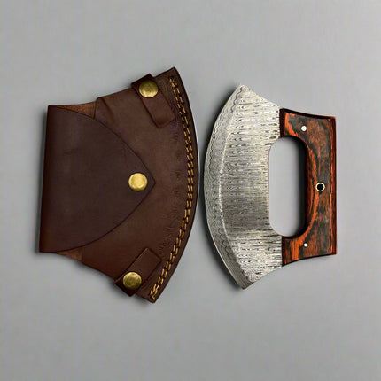 Hand-Forged Damascus ULU Knife | Curved Pizza Cutter & Herb Rocker | Rosewood Handle with Leather Sheath