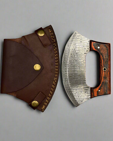 Damascus ULU Knife – Curved Blade with Wooden Handle & Leather Sheath | Kitchen Knife