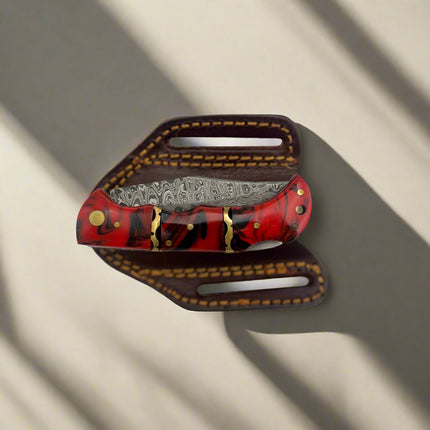 Handmade Damascus Folding Pocket Knife – Red Resin Handle & Leather Sheath